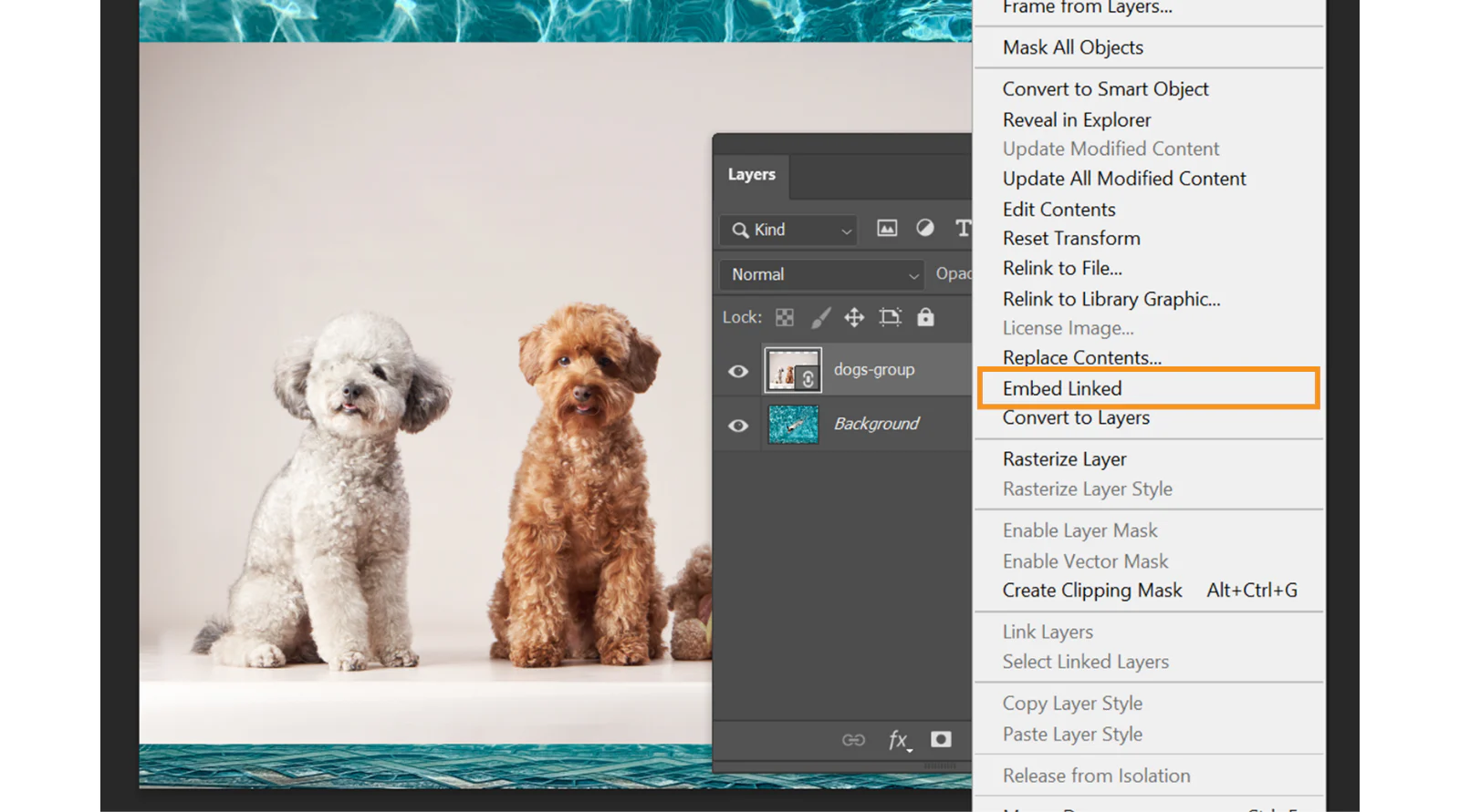 Lệnh Embed Linked trong menu của Linked Smart Object Photoshop