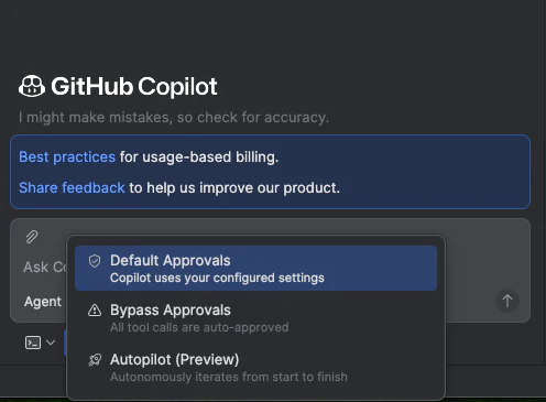 Ba chế độ phê duyệt của Copilot CLI trong JetBrains