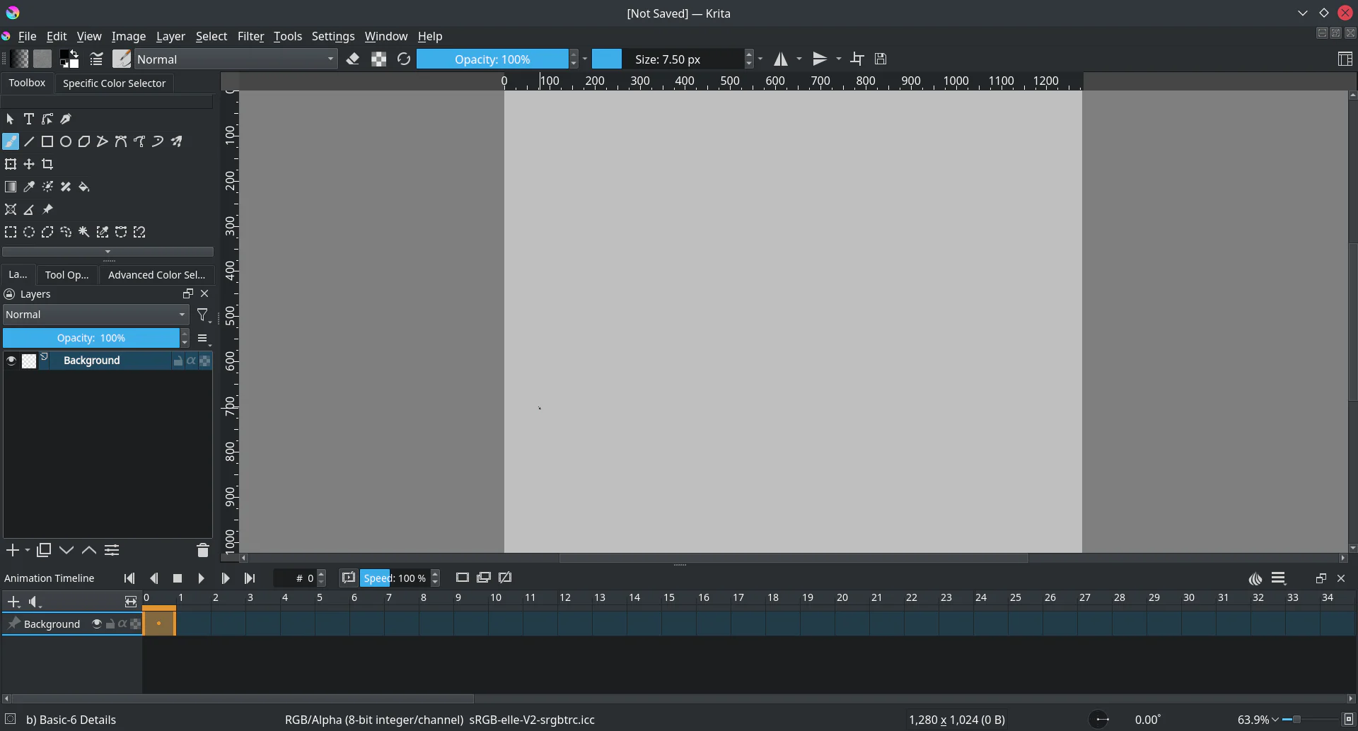 Workspace Animation của Krita với canvas Layers và Animation Timeline
