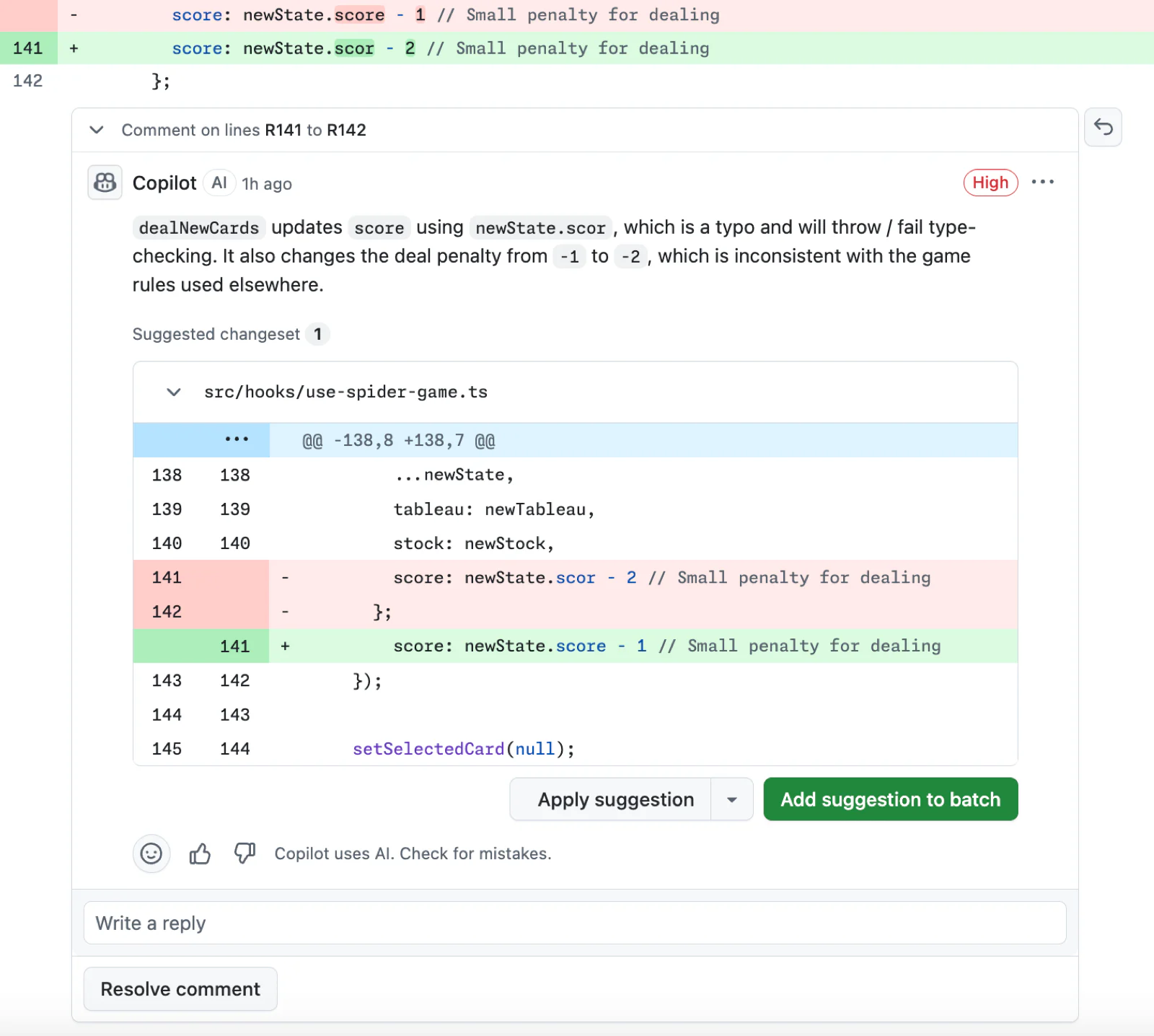 Nhận xét GitHub Copilot phát hiện lỗi và đề xuất thay đổi trên pull request