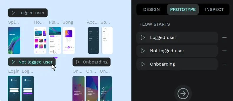 Danh sách nhiều flow trong bảng Prototype của Penpot
