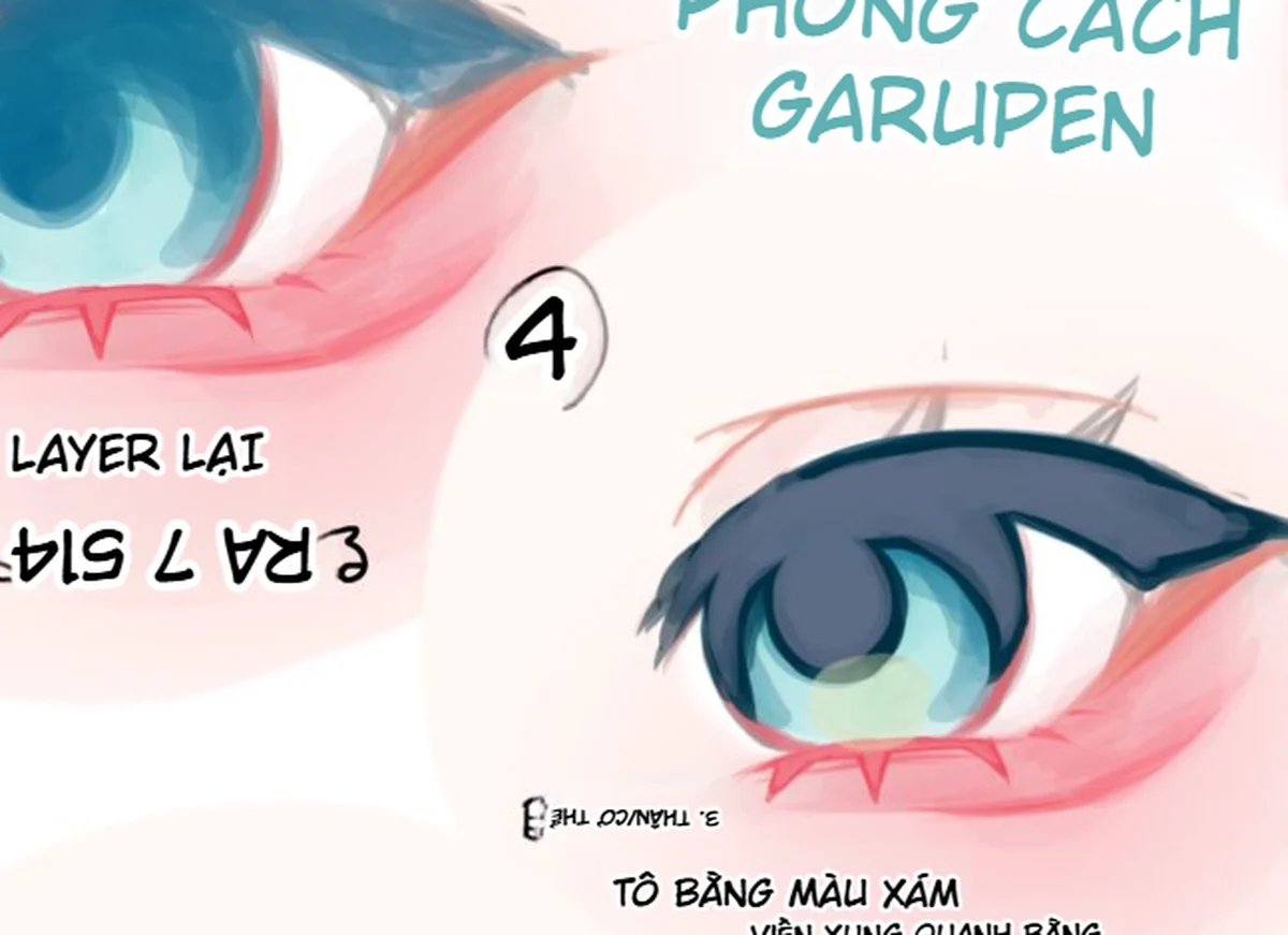 Bước bốn tô viền xám quanh mắt anime và tăng độ đậm cho mí trên cùng các vùng bóng trong iris.