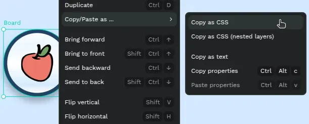 Menu Copy as CSS và Copy as CSS nested layers trong Penpot Inspect