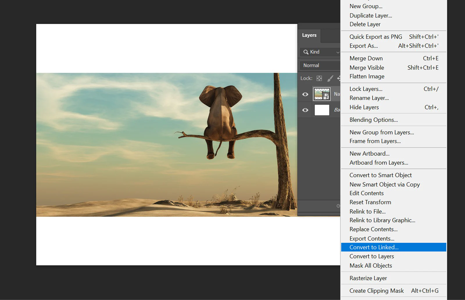 Menu Convert to Linked của Smart Object trong Photoshop
