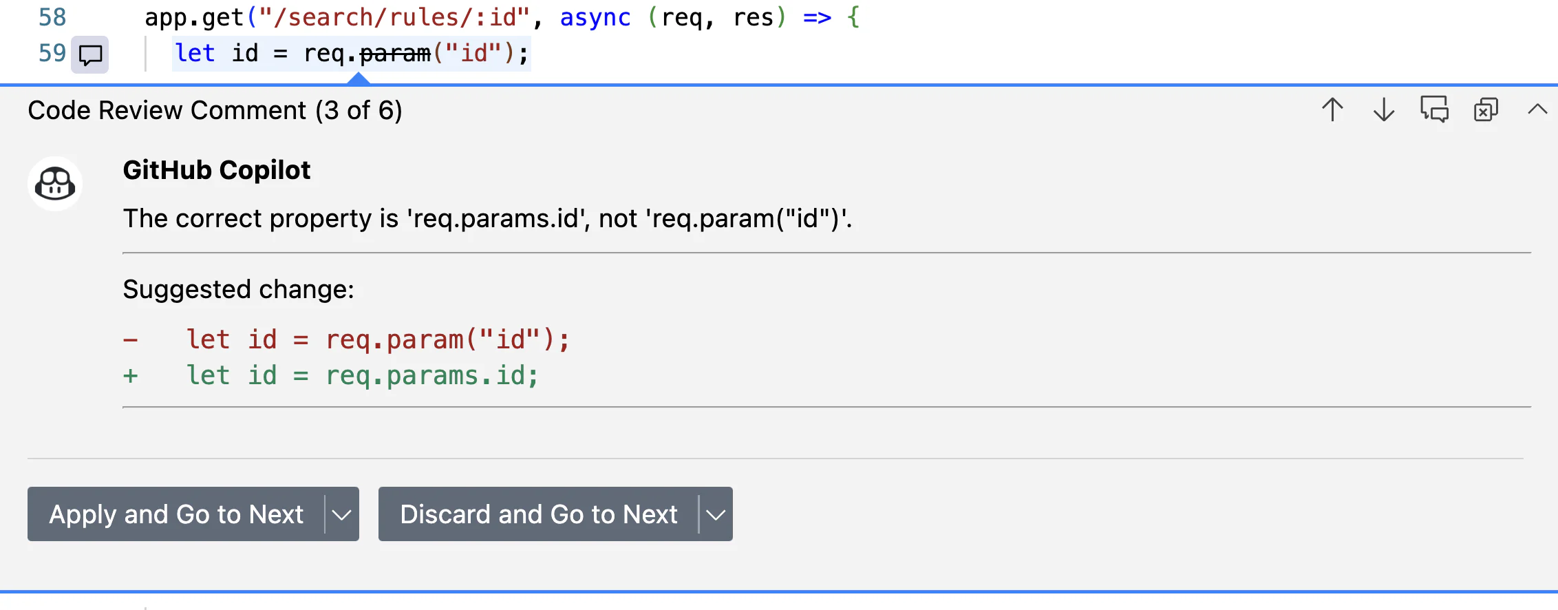 Nhận xét GitHub Copilot và suggested change trong VS Code