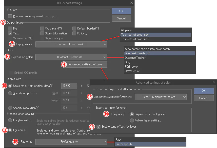 TIFF export settings cho manga với Duotone For comic Prefer quality và tone frequency