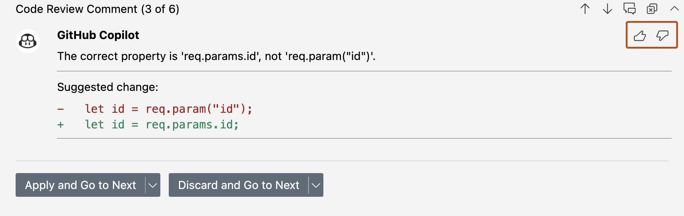 Nút đánh giá nhận xét Copilot Code Review trong VS Code
