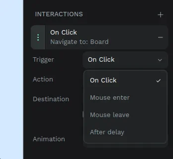 Danh sách trigger trong Penpot gồm On click, Mouse enter, Mouse leave và After delay
