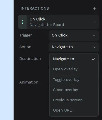 Danh sách action của Penpot Prototype gồm Navigate, Overlay, Previous screen và Open URL