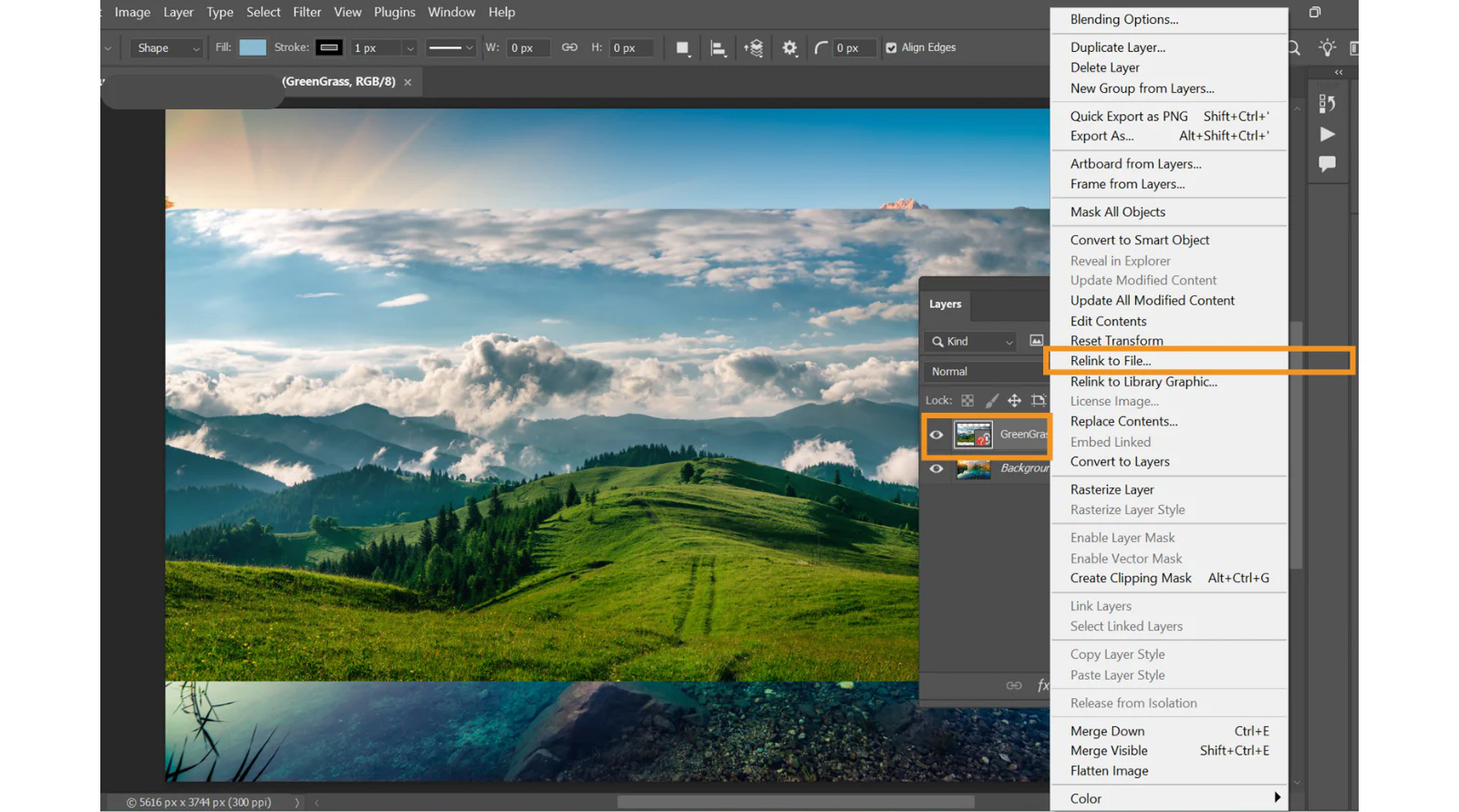 Menu Relink to File cho Smart Object bị thiếu tệp nguồn trong Photoshop