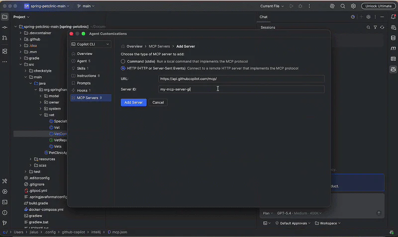 Màn hình thêm MCP server trong Agent Customizations của GitHub Copilot JetBrains