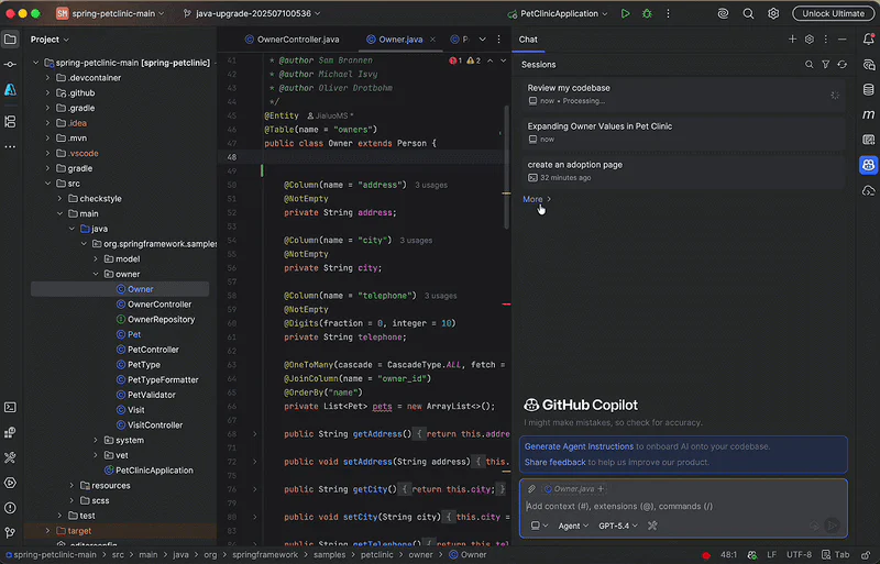 Danh sách Unified Sessions của GitHub Copilot trong JetBrains