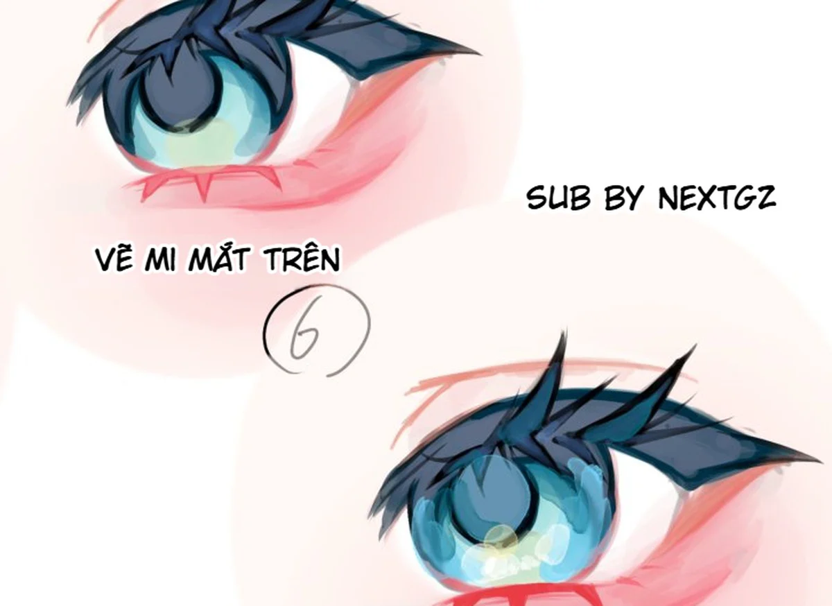 Bước sáu tăng chi tiết cho iris mắt anime bằng vùng sáng xanh, phản quang vàng và các highlight nhỏ.