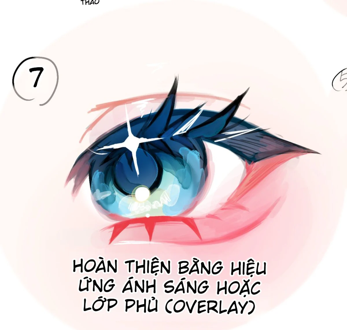 Bước bảy hoàn thiện mắt anime phong cách Garupen bằng hiệu ứng ánh sáng, highlight trắng và lớp phủ Overlay.