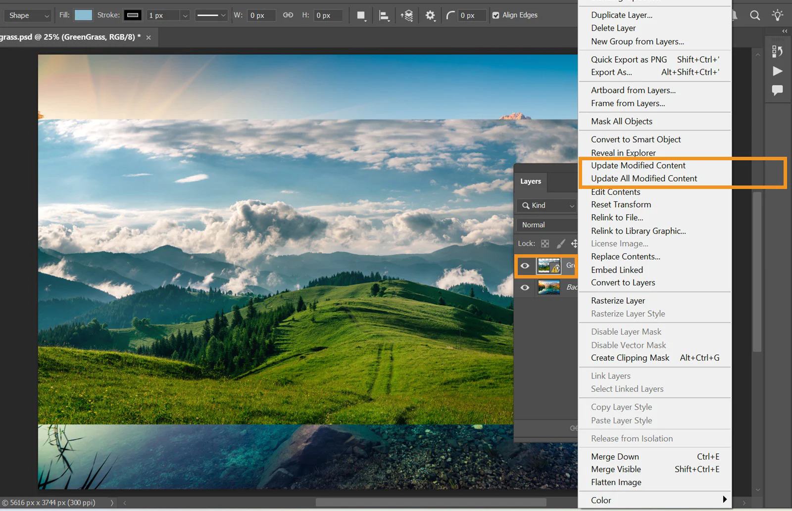 Menu Update Modified Content của Linked Smart Object trong Photoshop