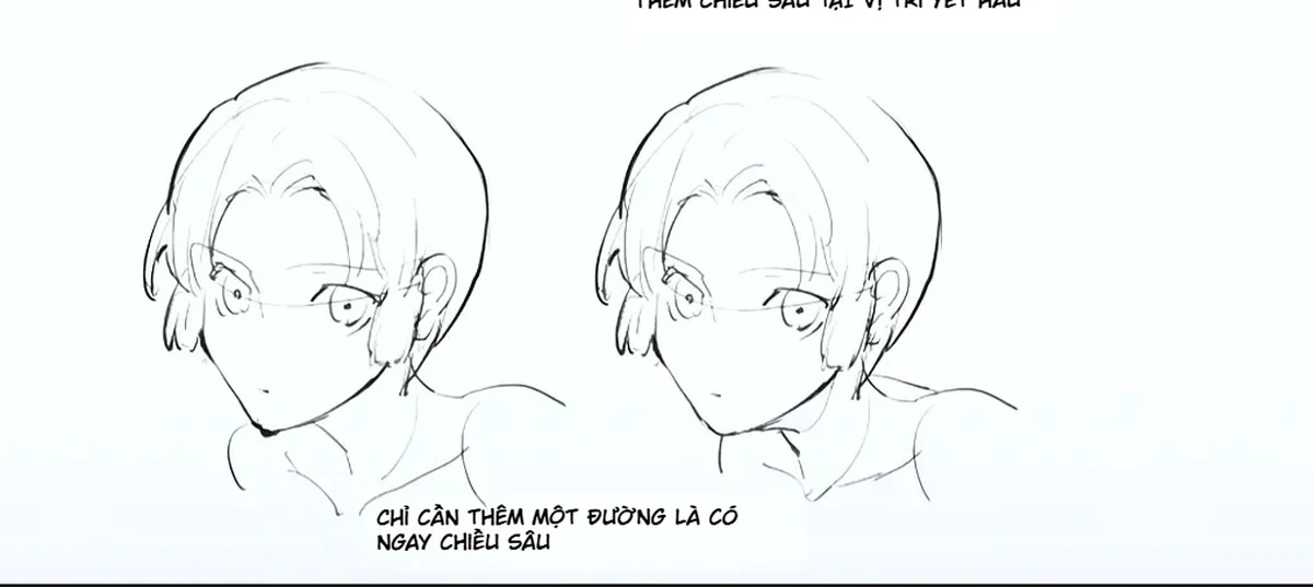 So sánh cổ anime trước và sau khi thêm một đường chuyển dưới hàm để tạo chiều sâu.