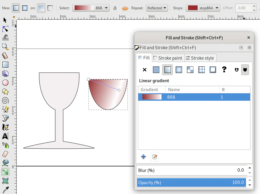 Gradient Tool trong Inkscape với các điểm dừng màu và tay nắm điều khiển chuyển sắc