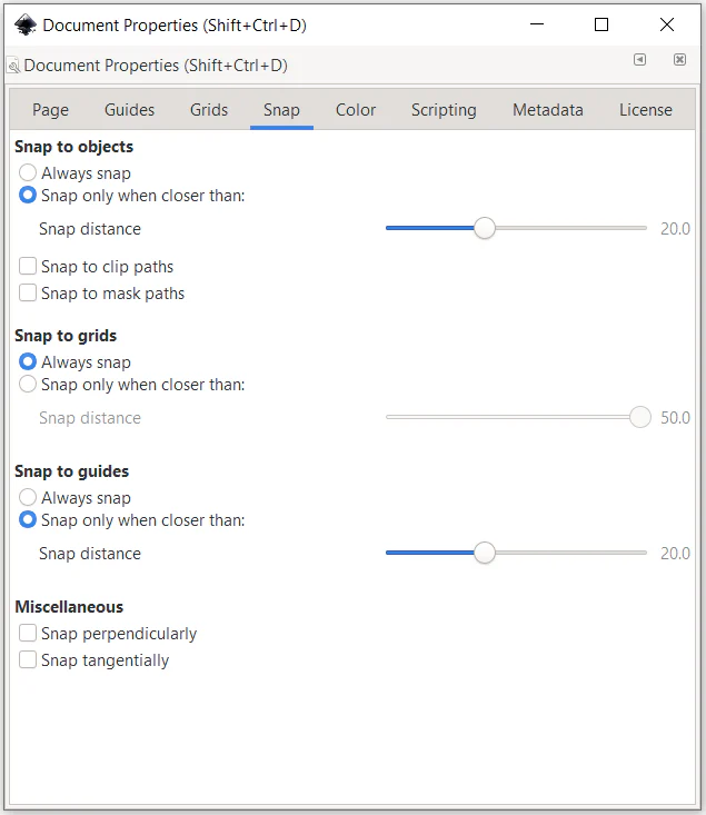 Hộp Document Properties của Inkscape tại phần thiết lập Snap cho node, path, lưới và đường gióng