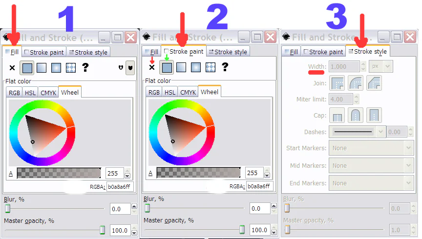 Bảng Fill and Stroke của Inkscape với các tùy chọn màu tô, màu viền và kiểu nét