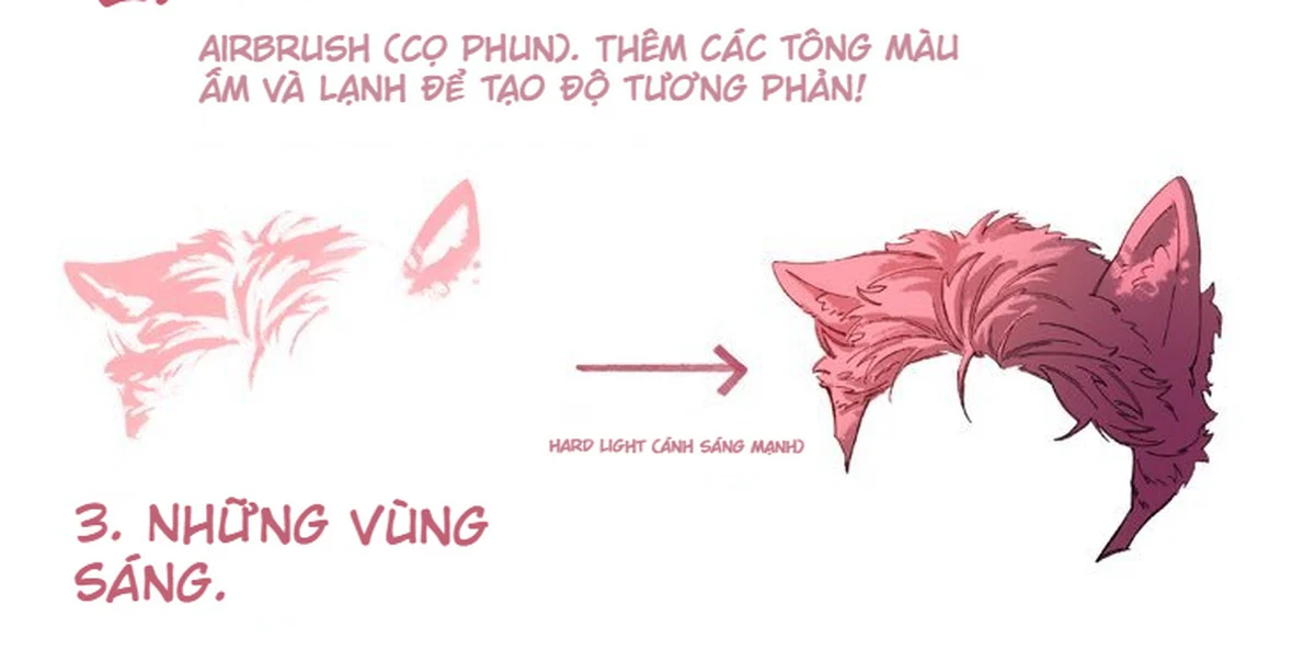 Bước ba đặt các vùng sáng mạnh trên tóc và tai thú anime bằng Hard Light.
