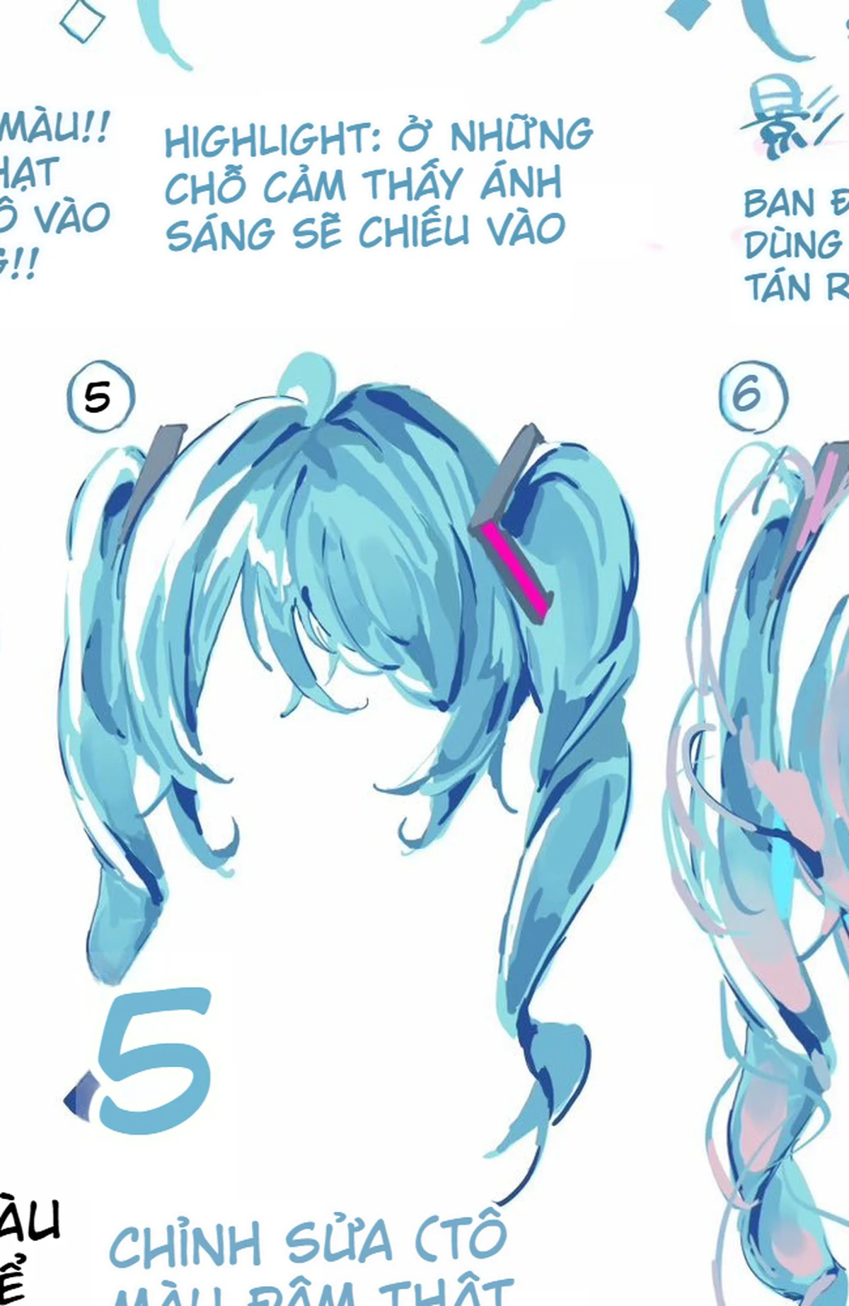 Bước năm tăng tương phản và chỉnh màu đậm cho tóc anime để các cụm tóc rõ hơn.