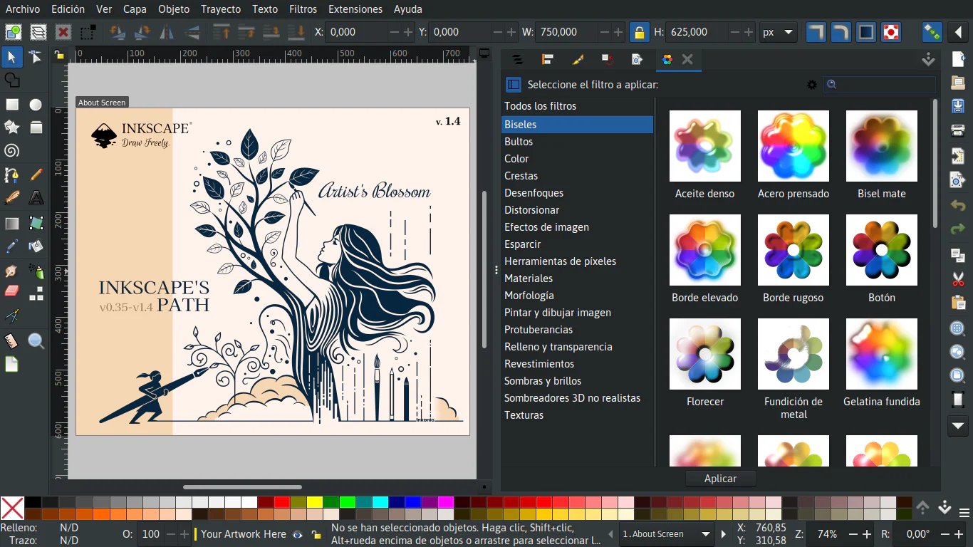 Giao diện Inkscape 1.4 với canvas, thanh công cụ, bảng màu và tác phẩm vector đang chỉnh sửa