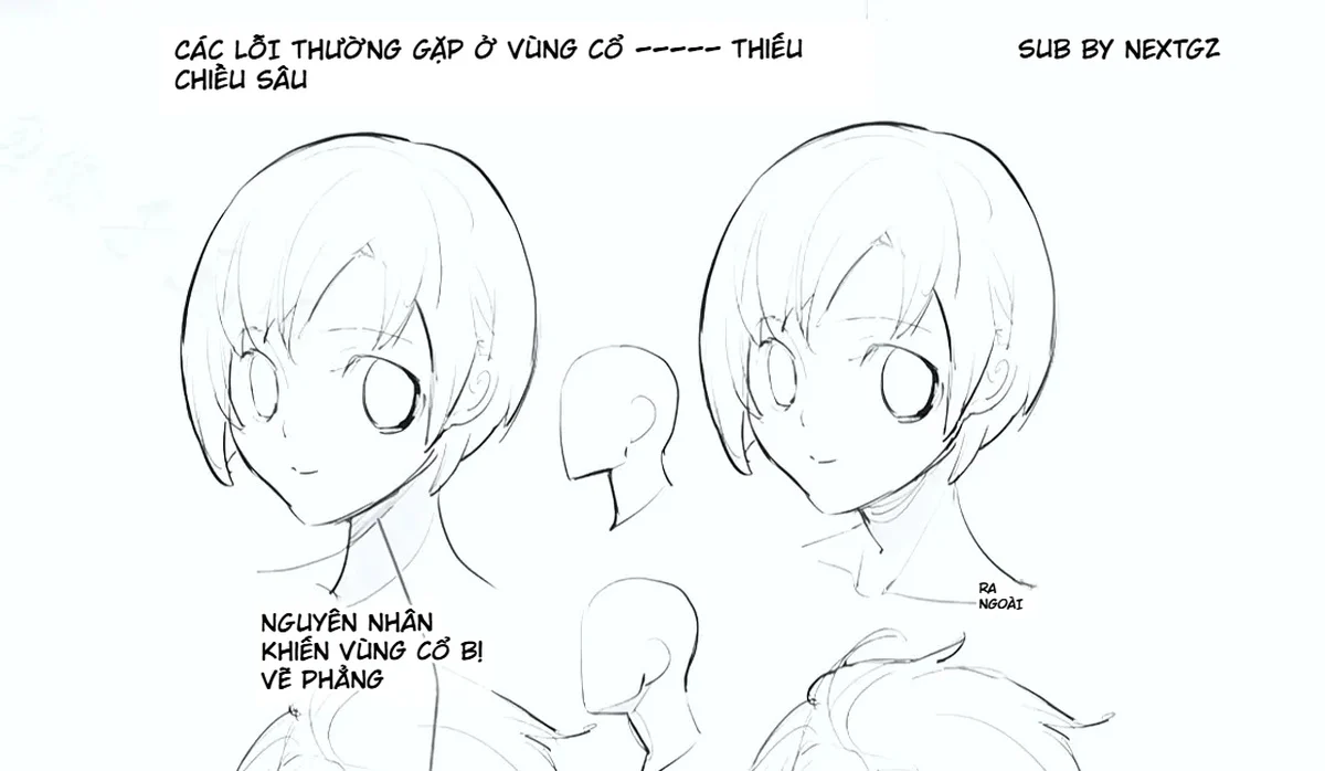 So sánh cổ anime bị phẳng với phiên bản có chiều sâu ở góc nhìn trước và nghiêng nhẹ.