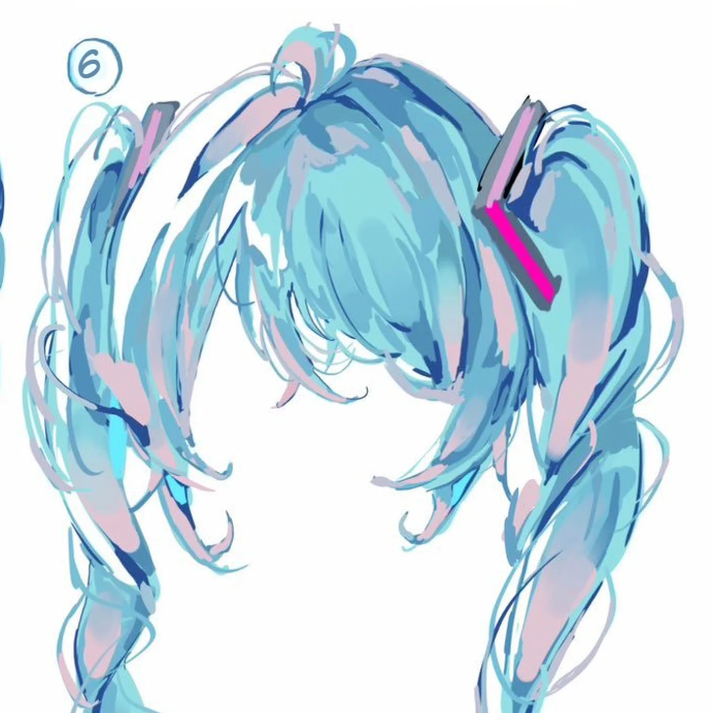 Ảnh cận cảnh tóc anime xanh hai đuôi ngựa hoàn thiện với bóng xanh đậm, highlight cyan và phản quang hồng.