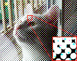 Ảnh in CMYK dạng halftone với vùng phóng đại các chấm mực màu