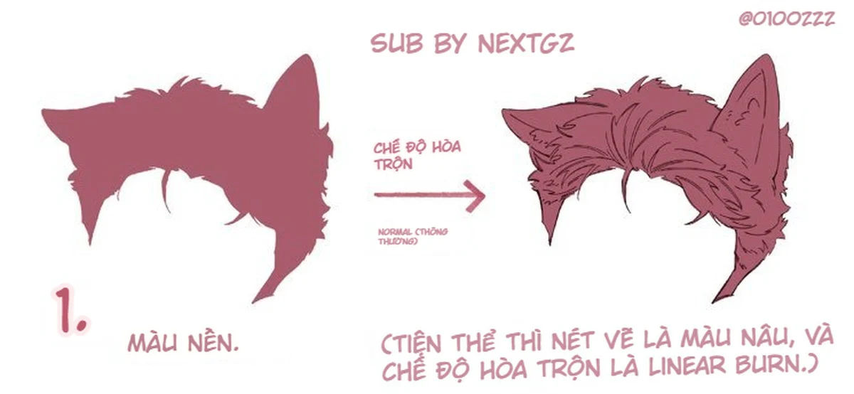 Bước một phủ màu nền cho tóc và tai thú anime, kèm gợi ý dùng line nâu với Linear Burn.