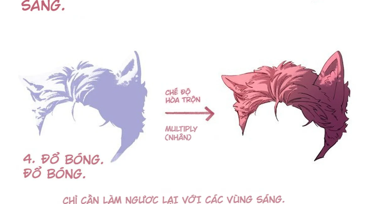 Bước bốn tạo bóng cho tóc và tai thú anime bằng Multiply, ngược lại với vùng sáng.