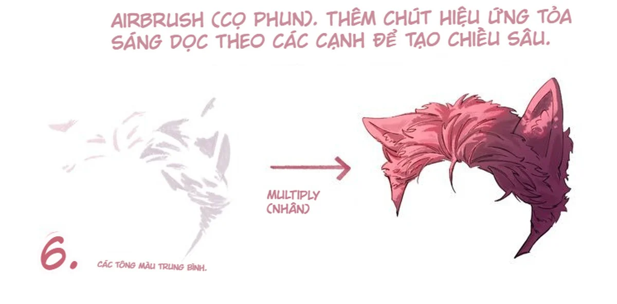 Bước sáu cân lại các tông màu trung bình cho tóc và tai thú anime sau khi thêm sáng và bóng.