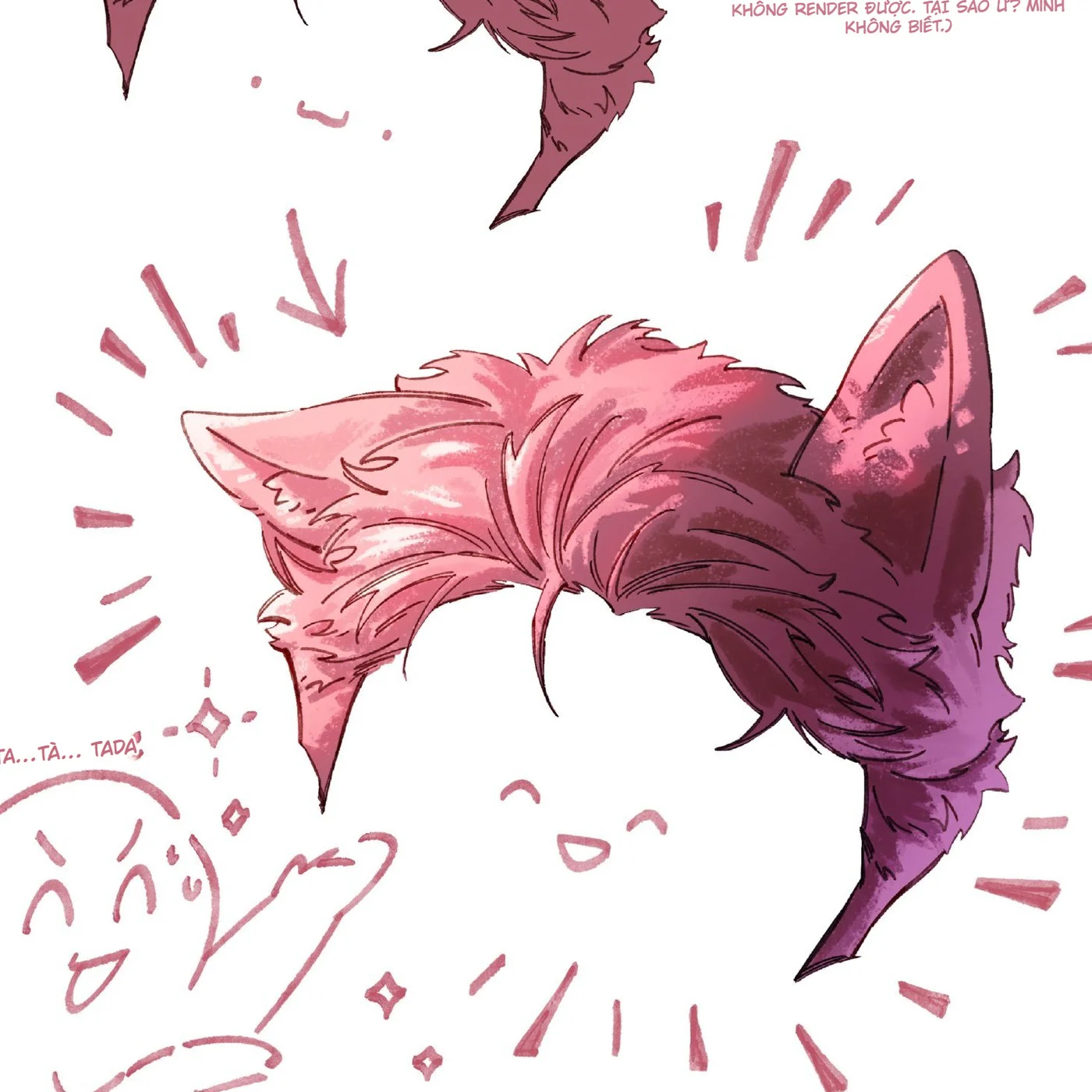 Thành phẩm tóc và tai thú anime với ánh sáng hồng, bóng tím, highlight và chiều sâu rõ.