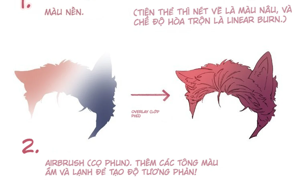 Bước hai dùng Airbrush và Overlay để thêm tông ấm lạnh lên tóc và tai thú anime.