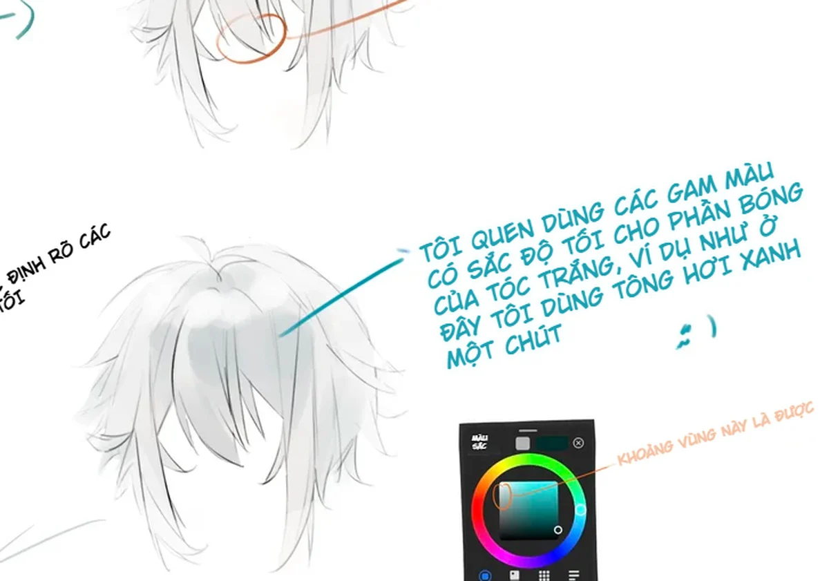 Cách dùng gradient và bóng xanh xám để tạo khối cho tóc trắng anime.