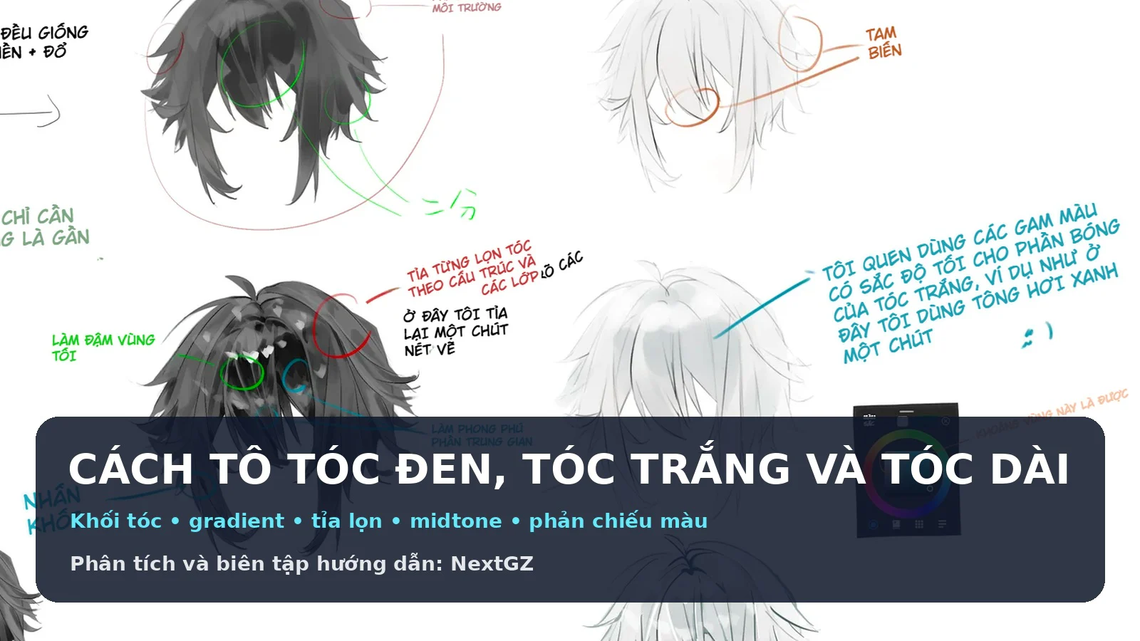 Cách vẽ tóc dài, tóc đen và tóc trắng anime: Khối tóc, gradient và tỉa lọn