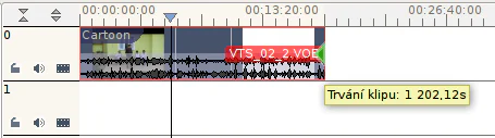 Chi tiết timeline Kdenlive với clip video, dạng sóng âm thanh và đầu phát