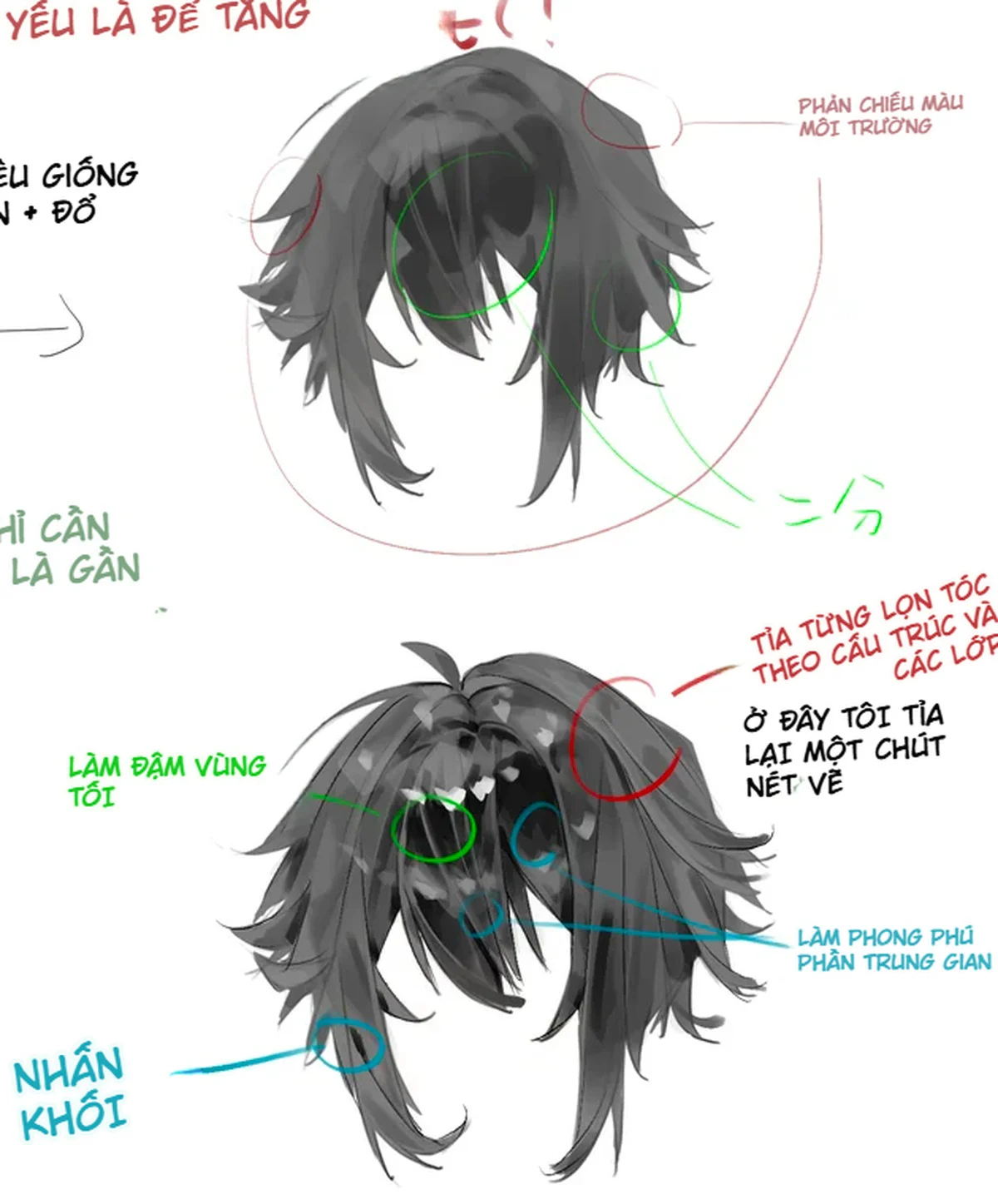 Cách tỉa từng lọn tóc đen anime theo cấu trúc và thêm phản chiếu màu môi trường.