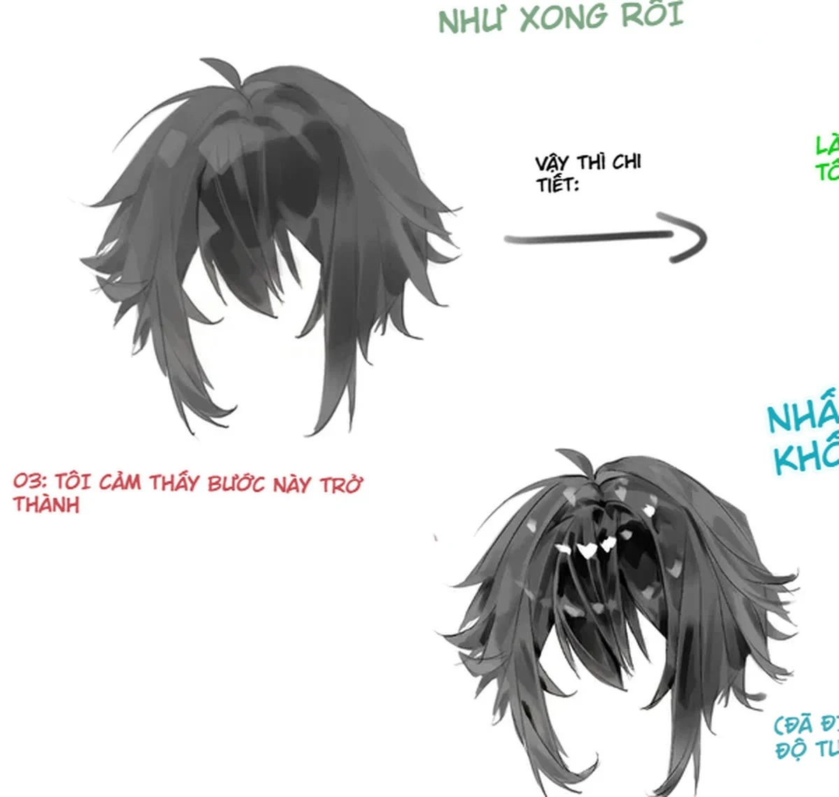 Minh họa tóc đen anime với hai mảng bóng lớn trước khi thêm chi tiết.