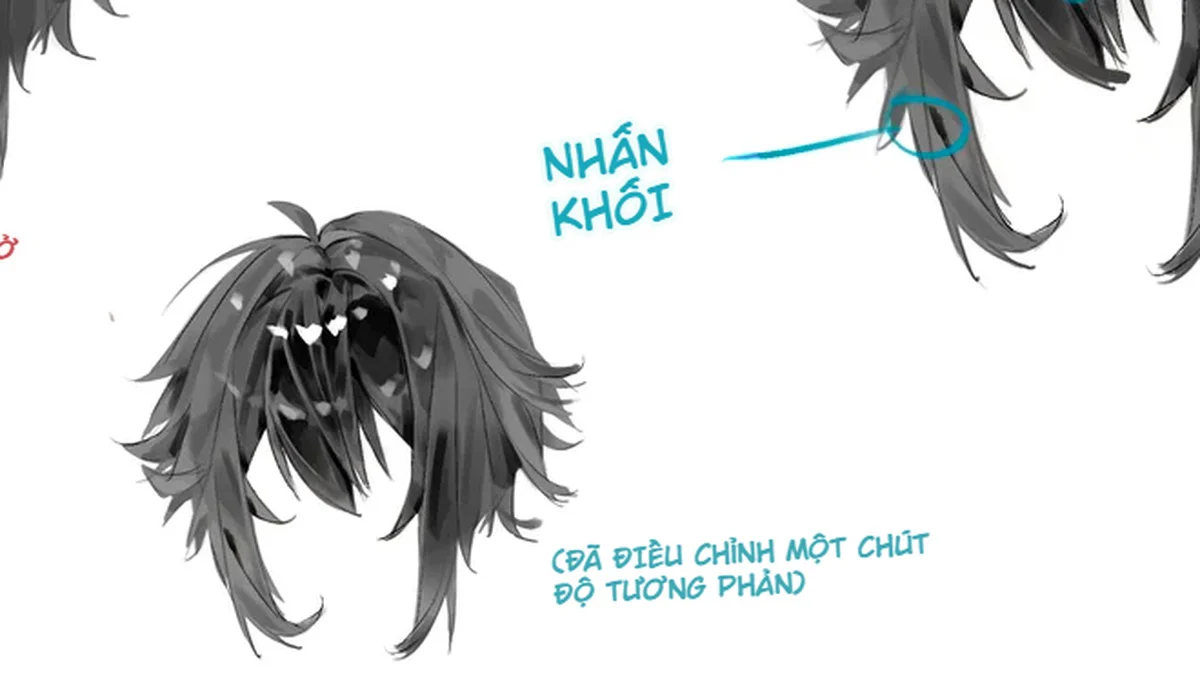 Thành phẩm tóc đen anime với mảng bóng lớn, highlight nhỏ và chi tiết có chọn lọc.