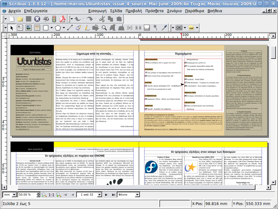 Giao diện tài liệu Scribus trên Ubuntu dùng để kiểm tra bố cục trước khi xuất PDF
