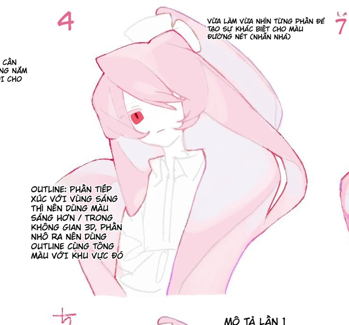 Bước bốn đổi màu outline theo ánh sáng, không gian và màu cục bộ của tóc hồng anime.