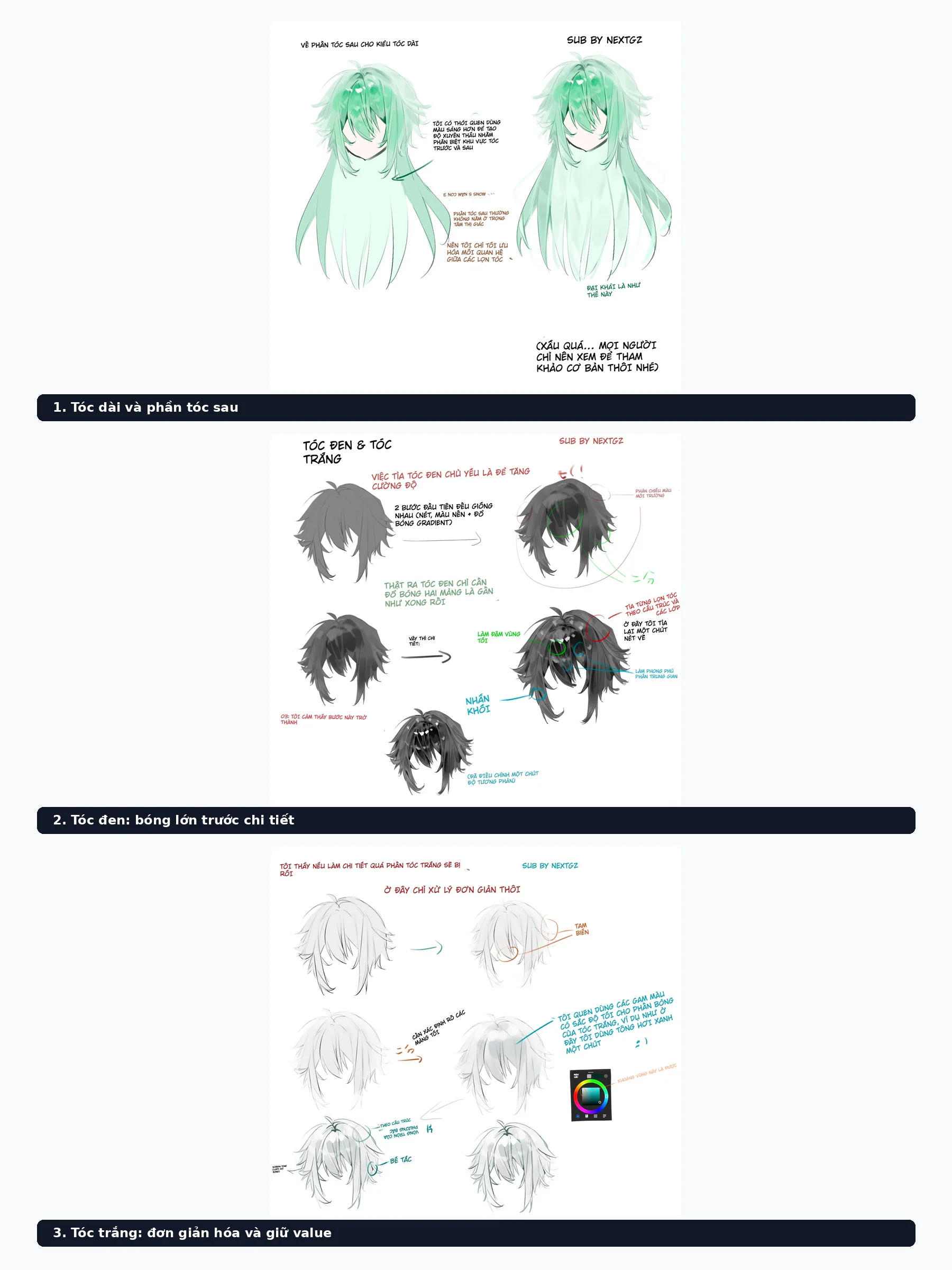 Bảng tổng quan ba hướng dẫn về tóc dài, tóc đen và tóc trắng anime.