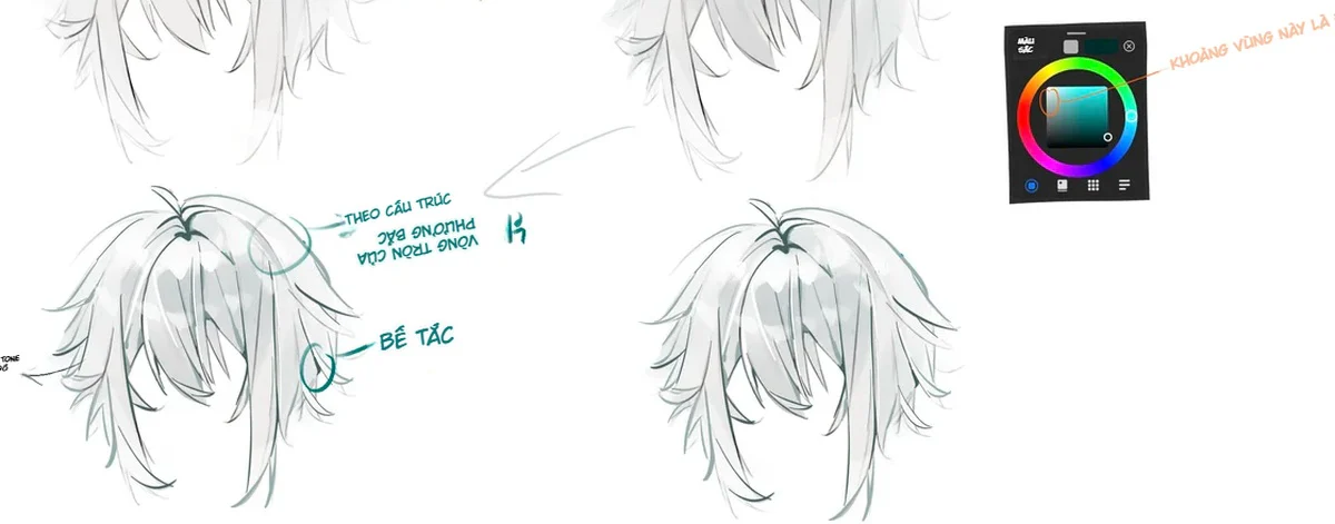 Thành phẩm tóc trắng anime được xử lý tối giản bằng mảng bóng xanh xám và line màu nhẹ.