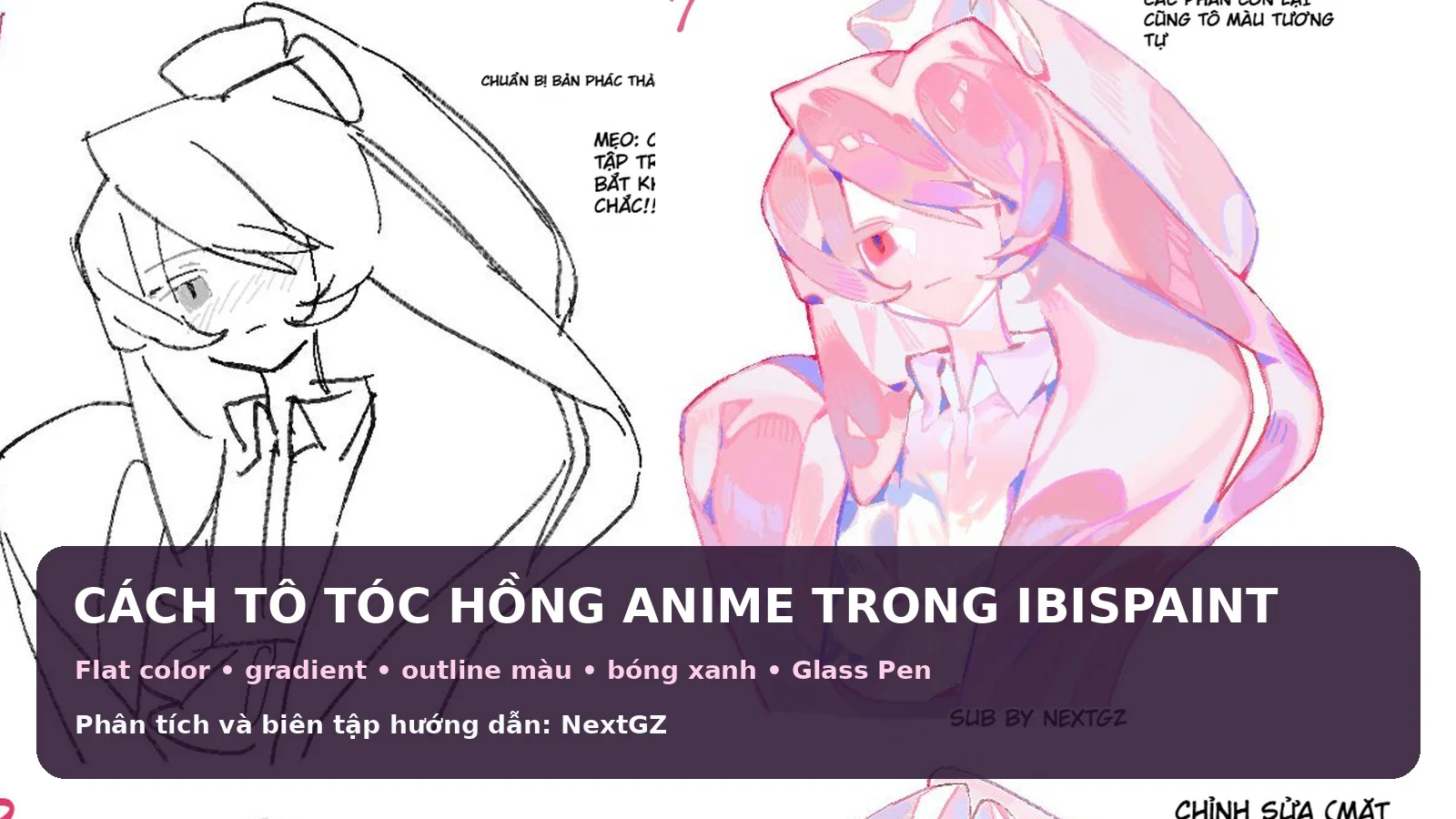 Cách tô tóc hồng anime trong IbisPaint: Outline màu, bóng xanh và paint-over 7 bước