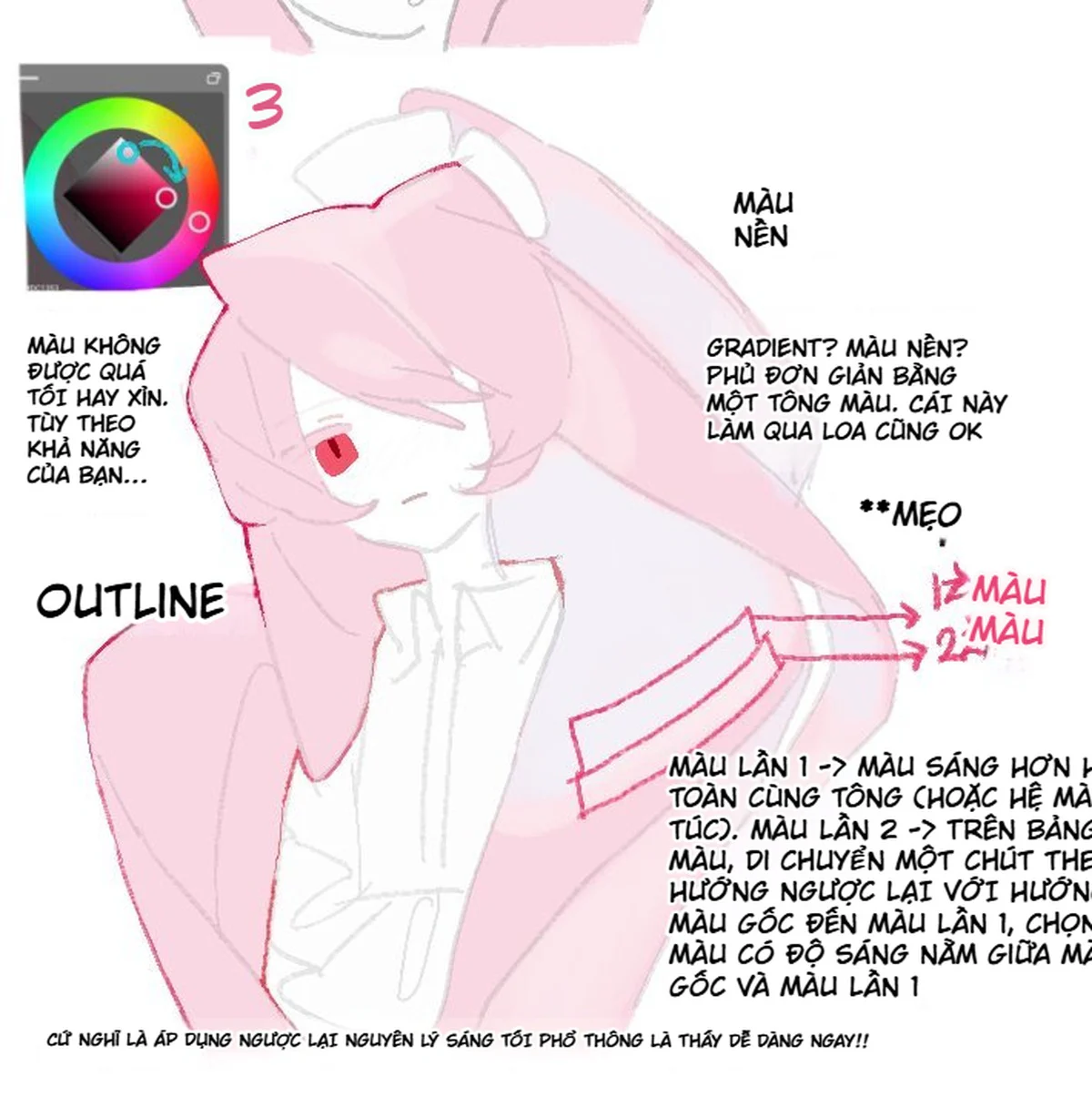 Bước ba thiết lập màu nền, gradient, outline và hệ ba màu cho tóc hồng anime.