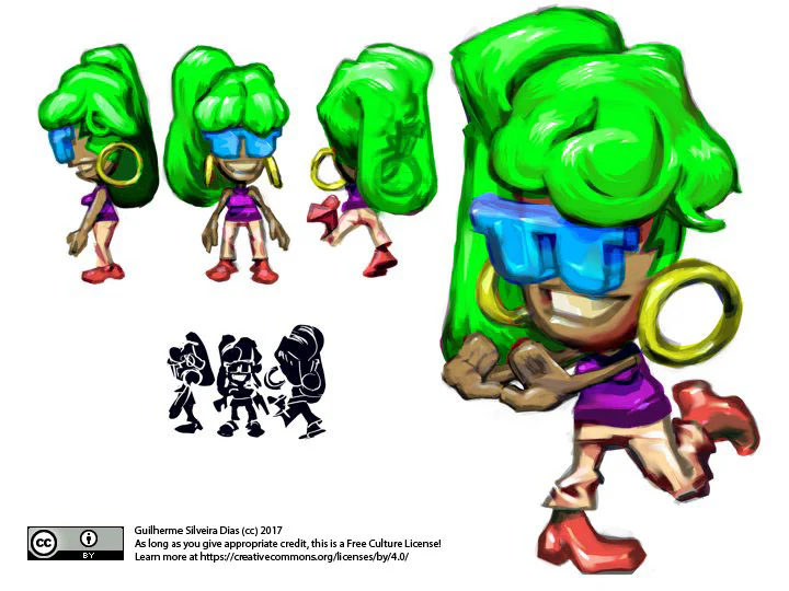 Model sheet nhân vật nữ gồm góc chính diện, nghiêng, sau lưng và ba phần tư