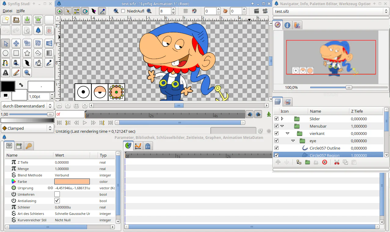 Giao diện Synfig Studio với canvas, toolbox, Layers và các dock panel