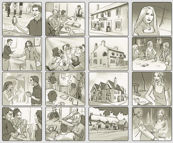 Bảng storyboard gồm nhiều khung phác nhanh để thử bố cục và diễn tiến hình ảnh