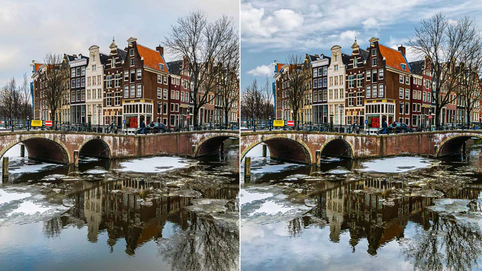 Giao diện Photoshop trong tutorial Adobe Learn minh họa workflow Blend If khi thay bầu trời và kiểm soát vùng sáng tối.